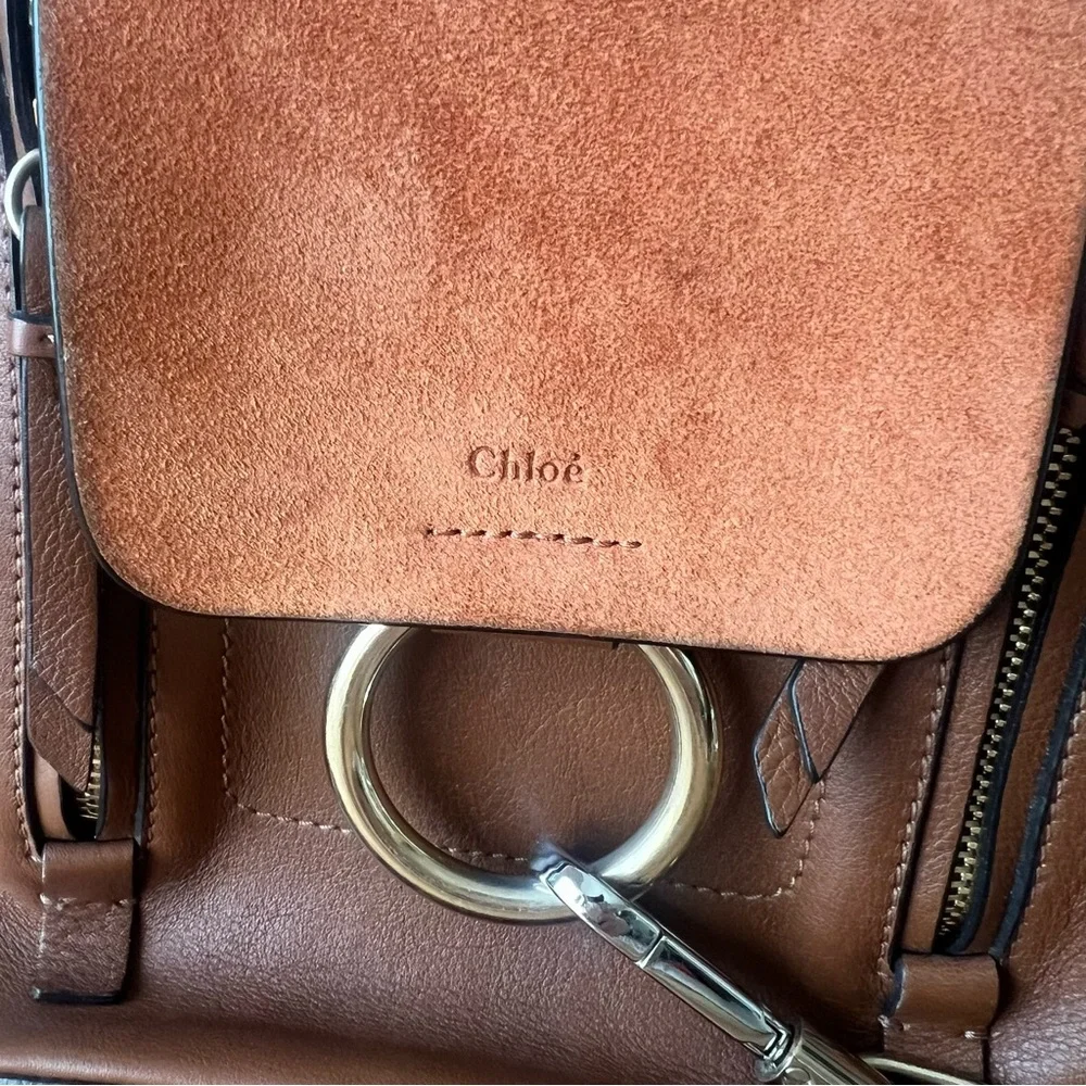 Chloe Faye Mini Backpack Tobacco Brown Suede Leather Gold Circle Hardware - Picture 5 of 15